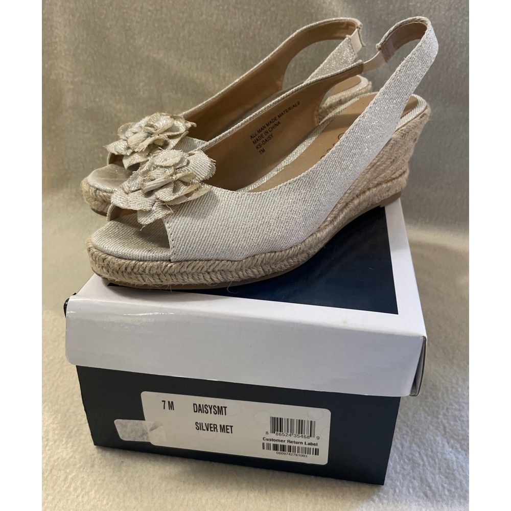 Karen Scott Daisy Silver Glitter Peep Toe Sling Back Casual Wedge Women US 7